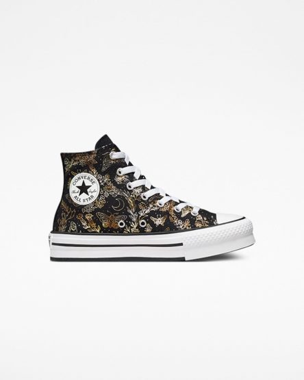 Sapatos Plataforma Converse Chuck Taylor All Star EVA Lift Butterfly Shine Cano Alto Menina Pretas Douradas Branco | PT M07P935